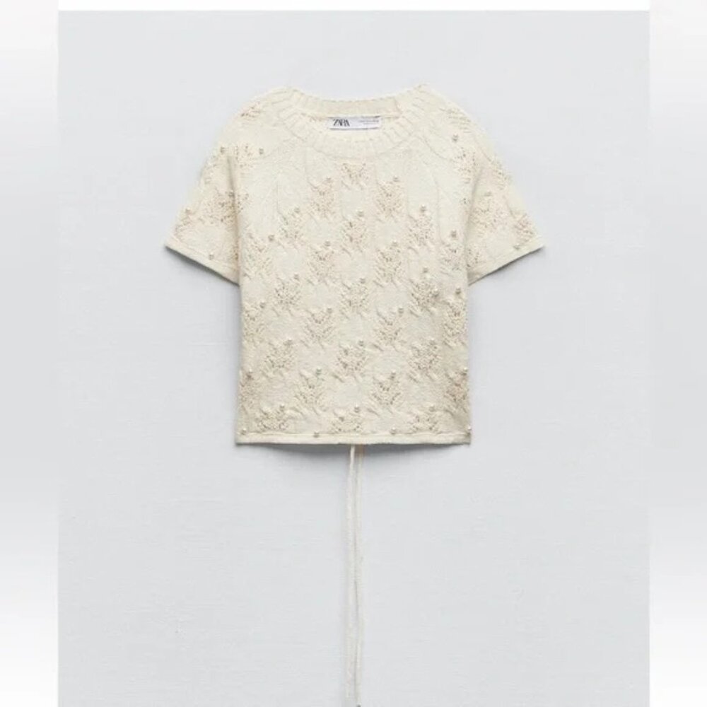 ZARA knit crop top Open back with faux Pearls White Size XL Ref 4331/104 - Picture 3 of 11
